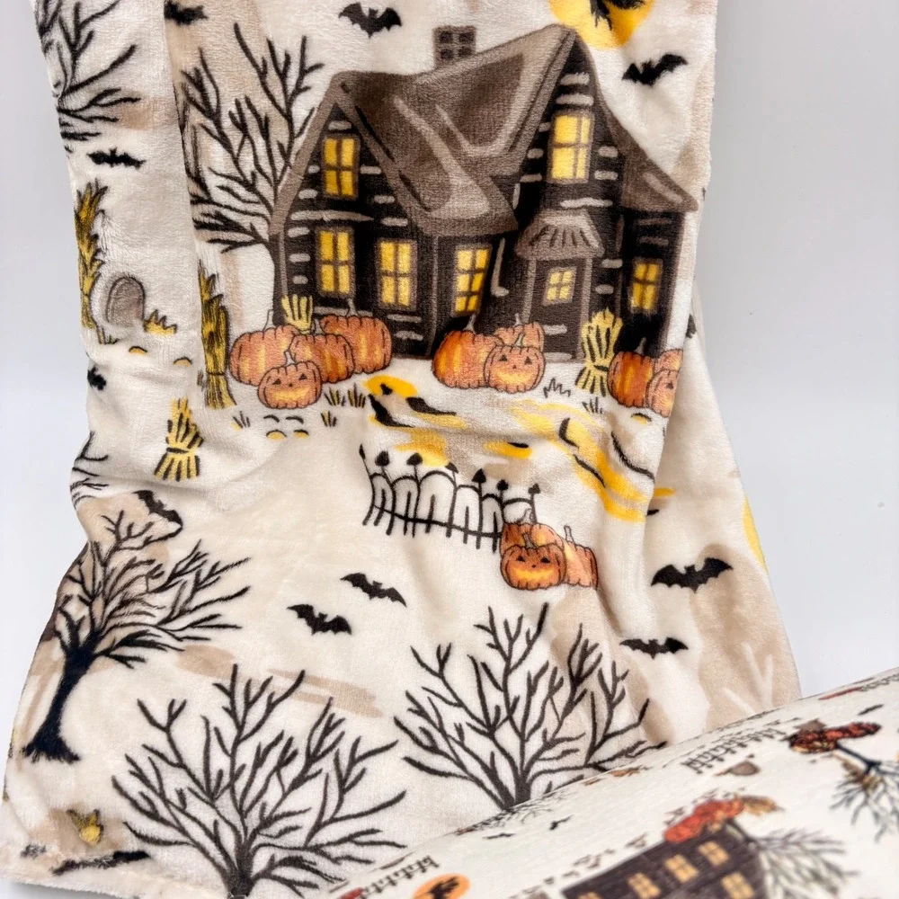 Hallow House Halloween Luxe Plush Throw Blanket and Decorative Pillow Set Cream